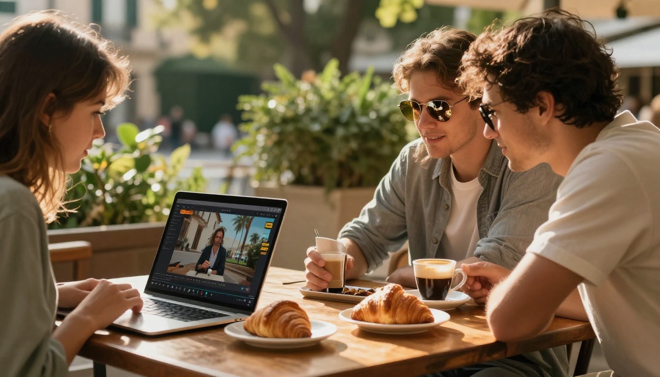 Two friends watching AI video content on a laptop at an outdoor cafe Two friends watching AI video content on a laptop at an outdoor cafe