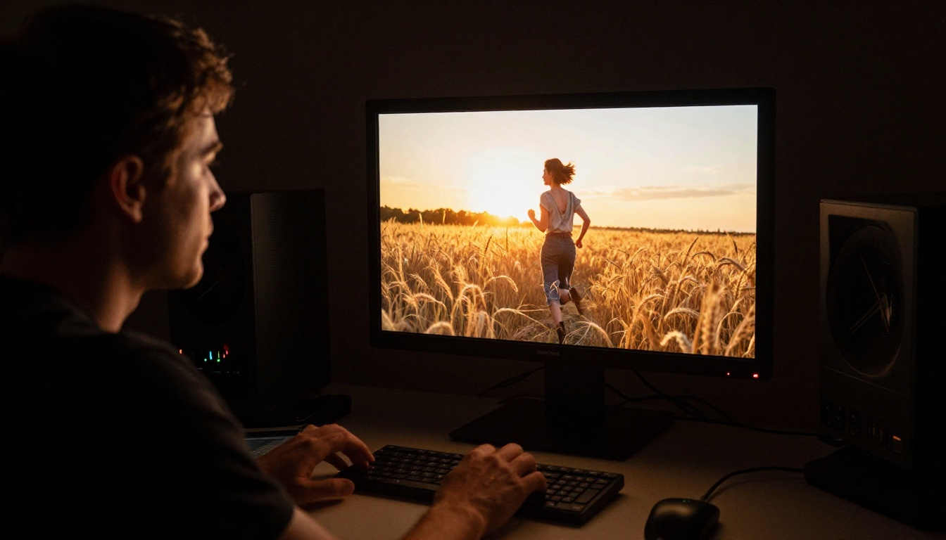 Professional filmmaker reviewing cinematic footage on color monitor Professional filmmaker reviewing cinematic footage on color monitor