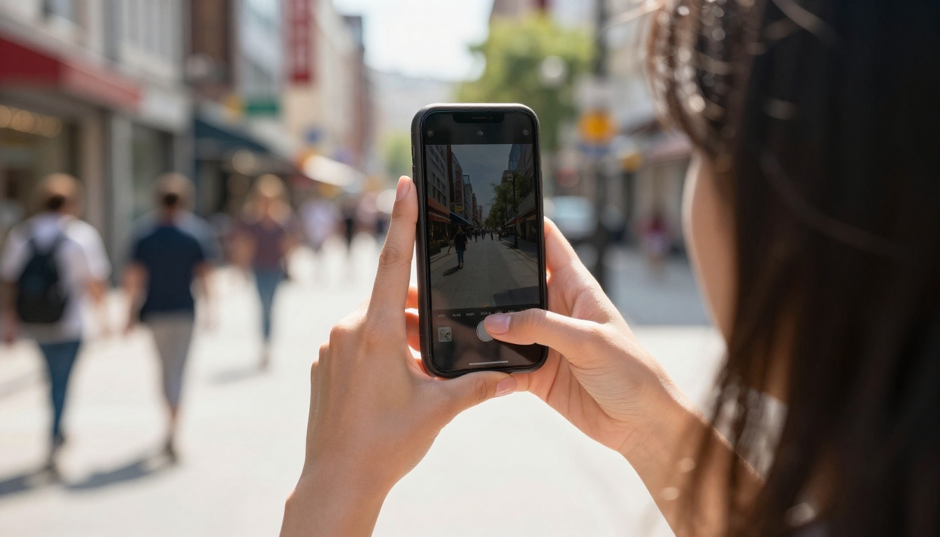 Creator filming vertical video on urban street Creator filming vertical video on urban street