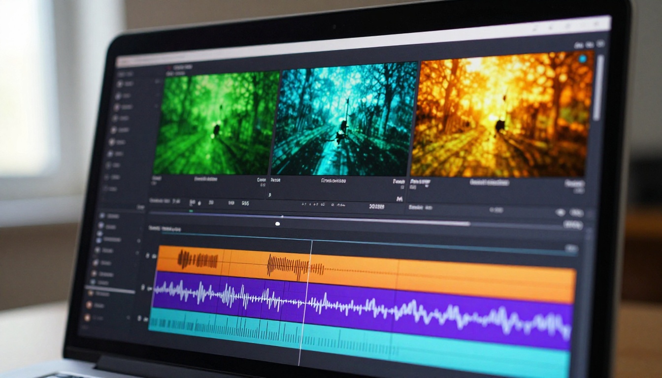 Video editing timeline on laptop screen showing AI clips Video editing timeline on laptop screen showing AI clips