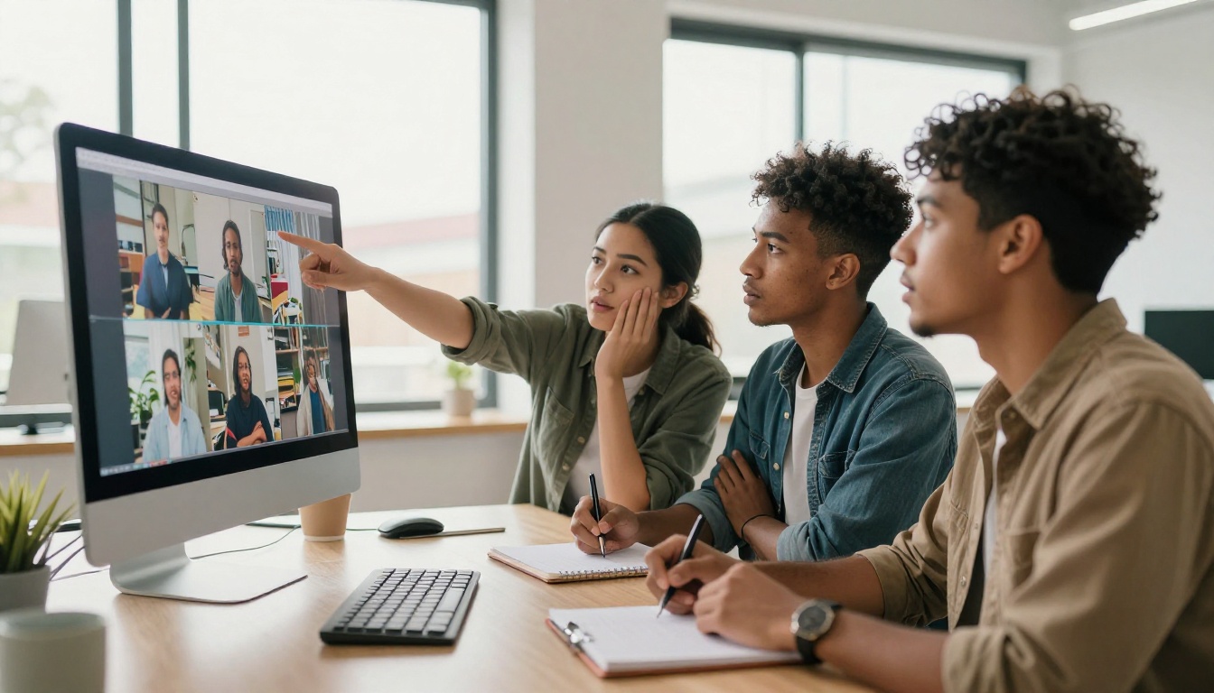 Content creators reviewing AI video footage together Content creators reviewing AI video footage together