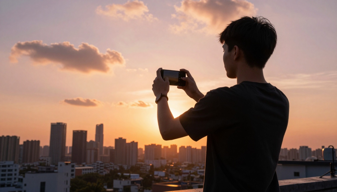 Rooftop creator filming city skyline vertical video at golden hour Rooftop creator filming city skyline vertical video at golden hour