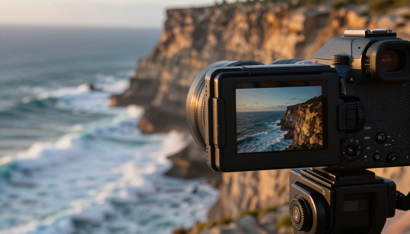 Cinematic camera viewfinder showing coastal landscape during golden hour Cinematic camera viewfinder showing coastal landscape during golden hour
