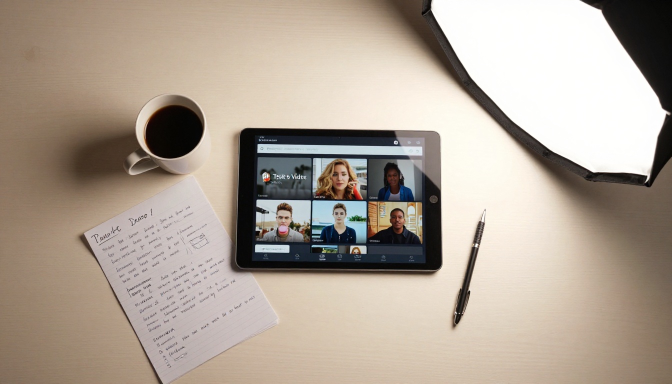 Overhead flat-lay of AI video generation workspace with tablet and handwritten notes Overhead flat-lay of AI video generation workspace with tablet and handwritten notes