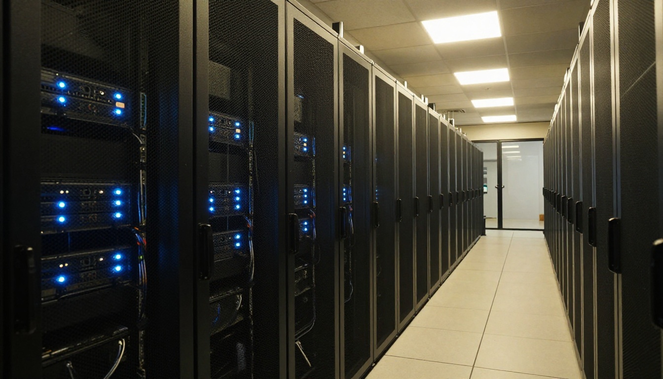 Server room corridor with rows of AI video processing infrastructure Server room corridor with rows of AI video processing infrastructure