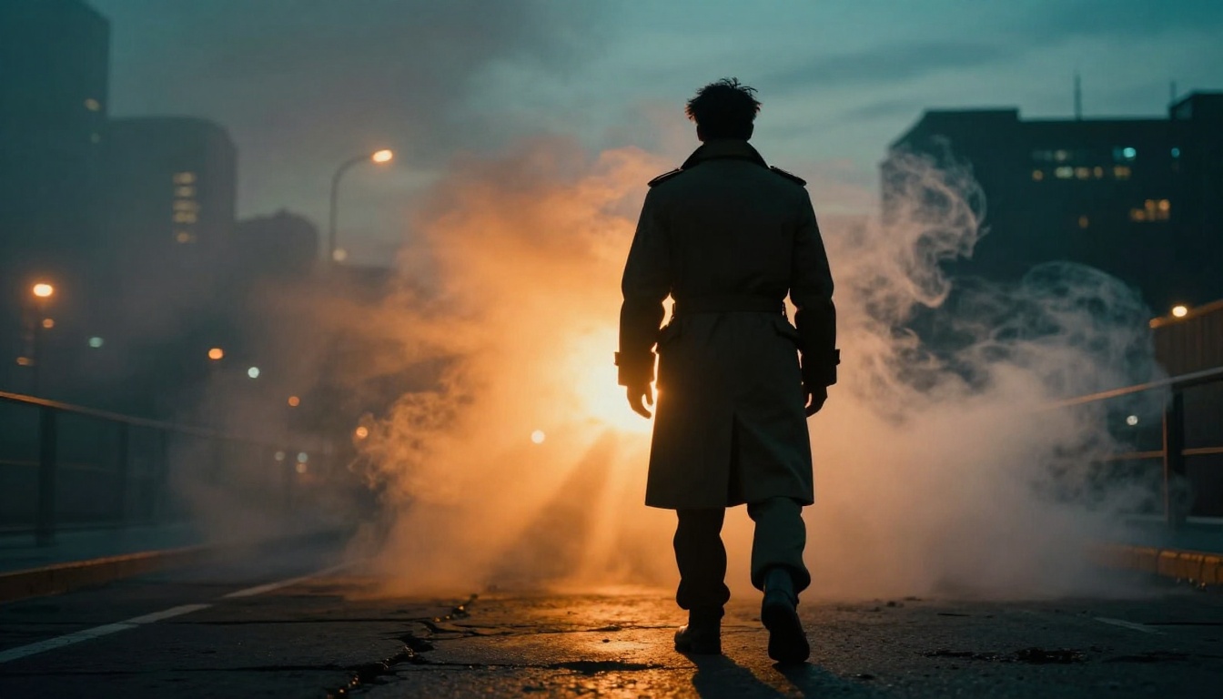 Hero silhouette against smoke and city skyline at dusk with volumetric god rays