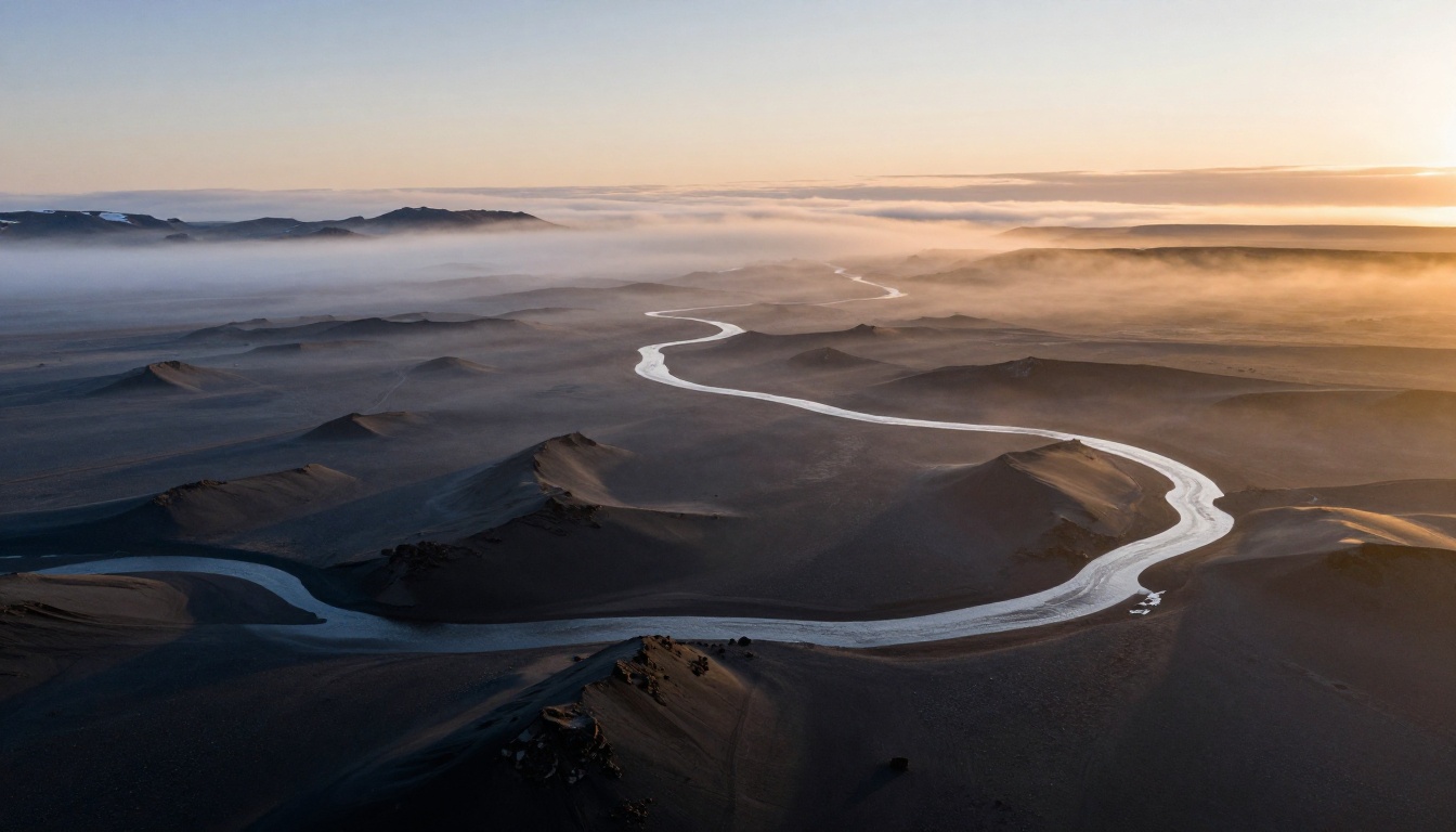 Aerial view of black sand desert at dawn with rolling fog and silver river reflections