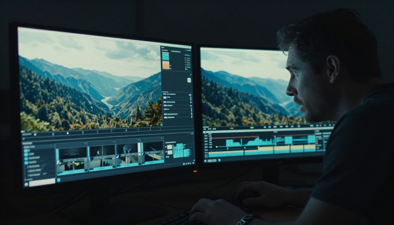 Video editor reviewing static image versus animated AI video on dual monitors Video editor reviewing static image versus animated AI video on dual monitors