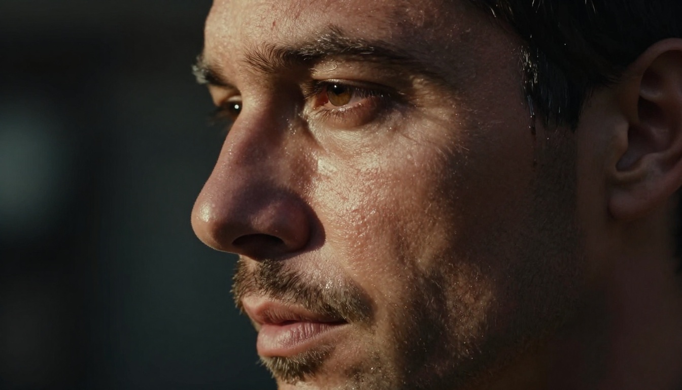 Extreme close-up of a weathered male face with dramatic Rembrandt lighting and skin texture detail
