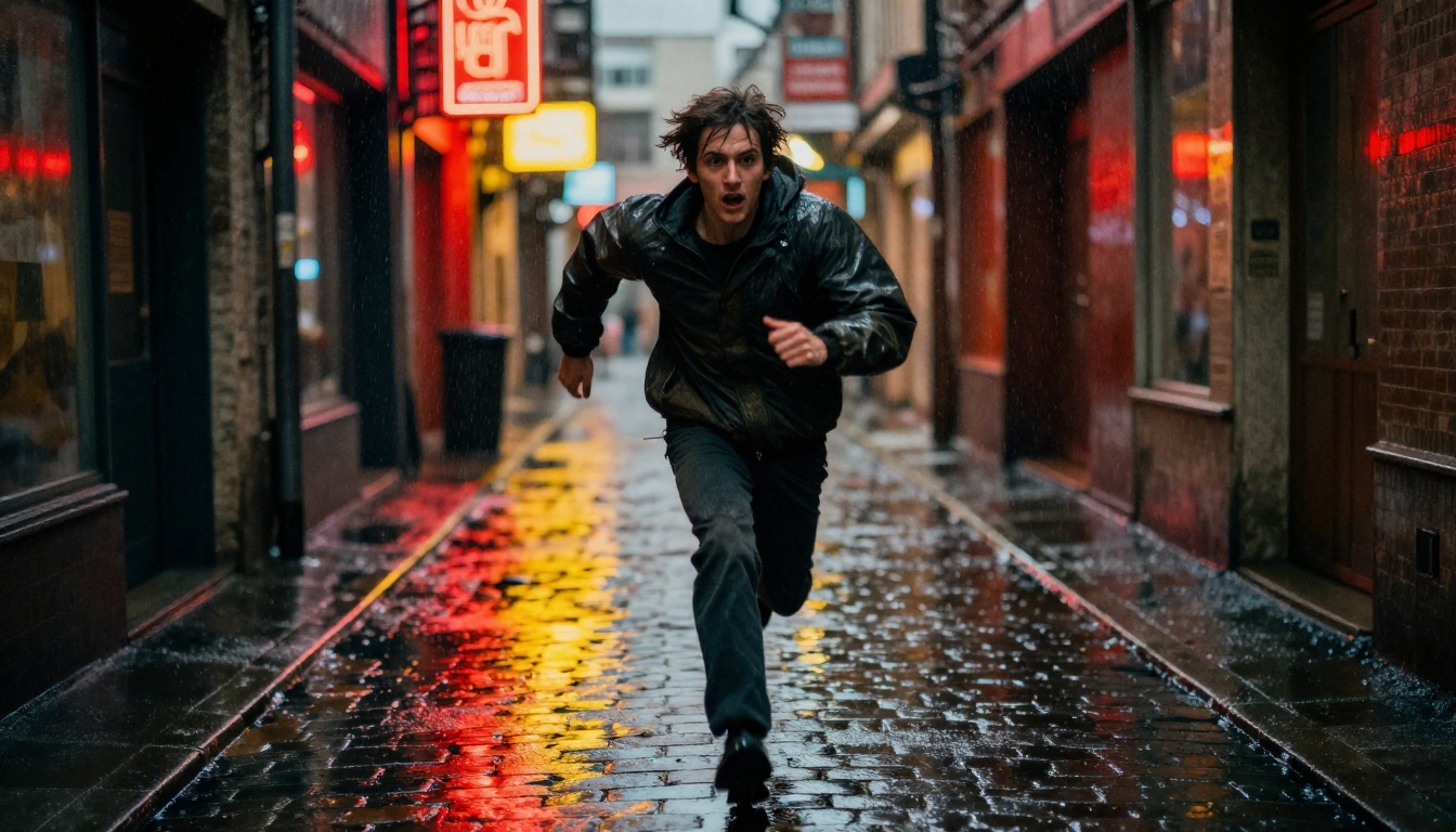 Person sprinting through a rain-soaked alley at night with motion blur and neon reflections on wet cobblestones