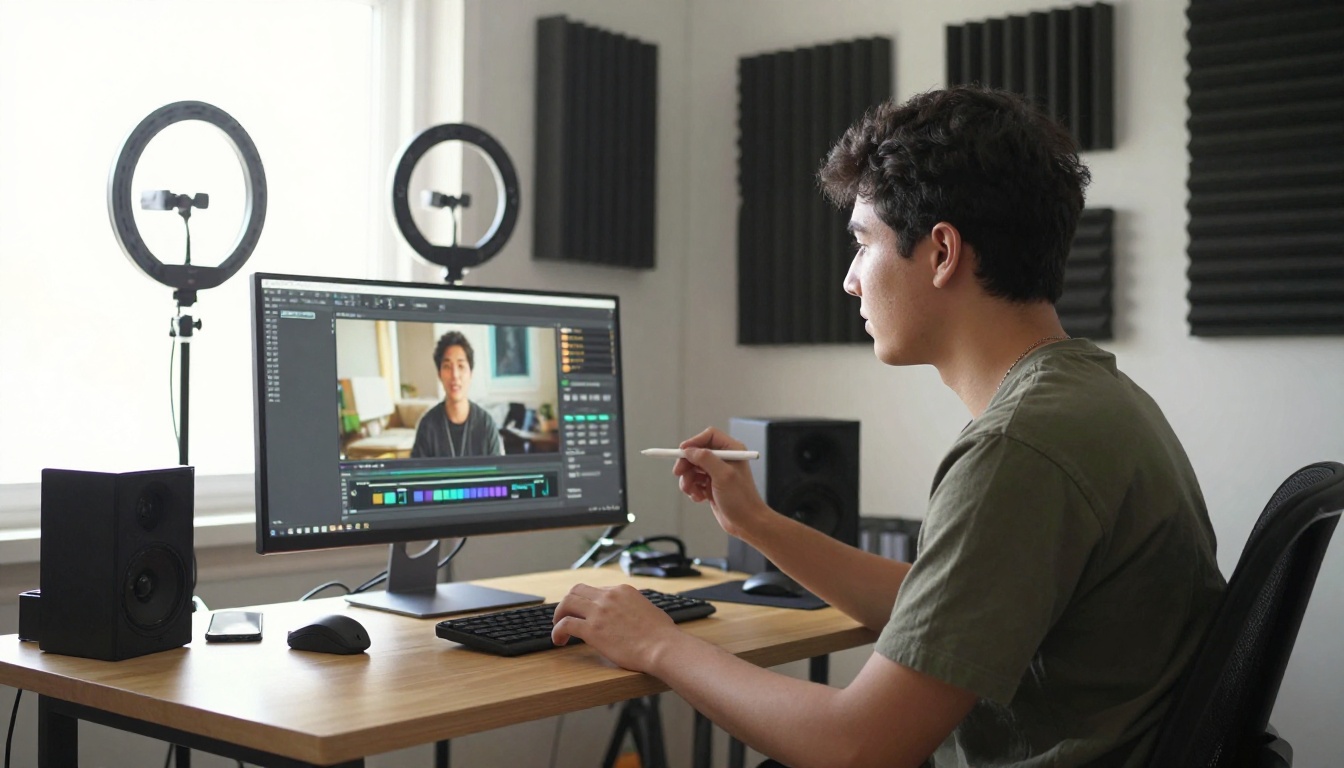 Young content creator in home studio working with AI video generation tools Young content creator in home studio working with AI video generation tools