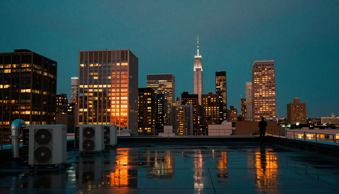 Rooftop cityscape at night with teal sky and orange window reflections in a rain-wet surface