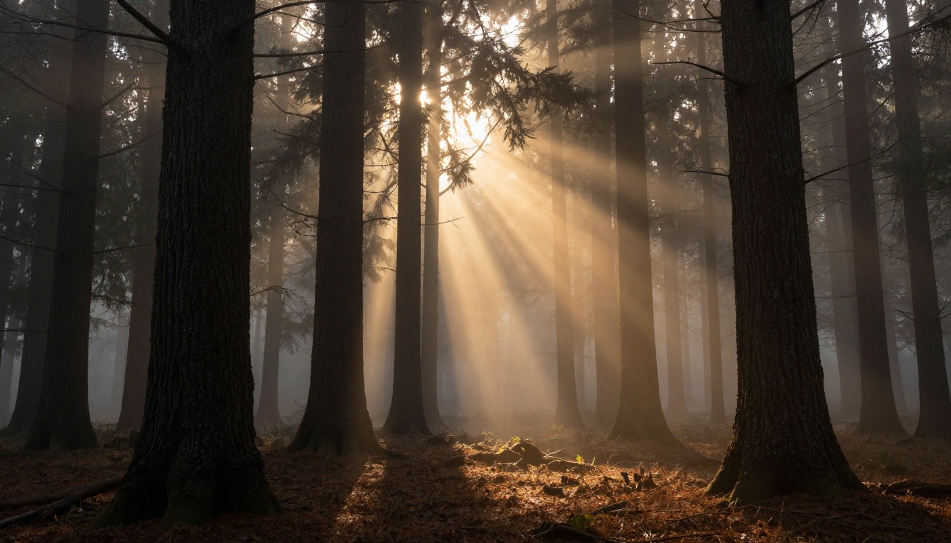 Ancient forest at dawn with thick ground fog and a single volumetric shaft of golden morning light