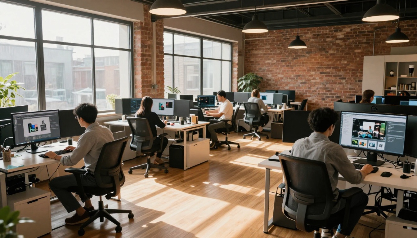 Wide angle view of creative agency with designers working on AI video projects Wide angle view of creative agency with designers working on AI video projects