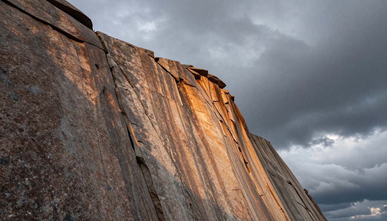 Extreme low-angle view looking straight up a sheer granite cliff with a tiny silhouette at the summit