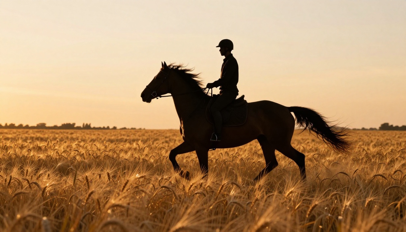 Horseback rider in silhouette at full gallop across a golden wheat field at magic hour