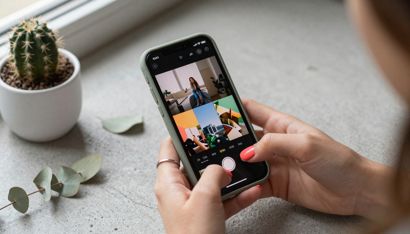 Overhead close-up of a creator's hands holding a smartphone showing a vertical video editing timeline