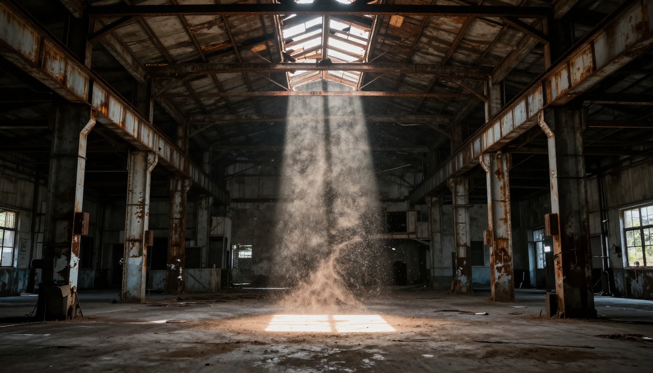Single shaft of natural light falling in a bright column through a dark abandoned industrial warehouse