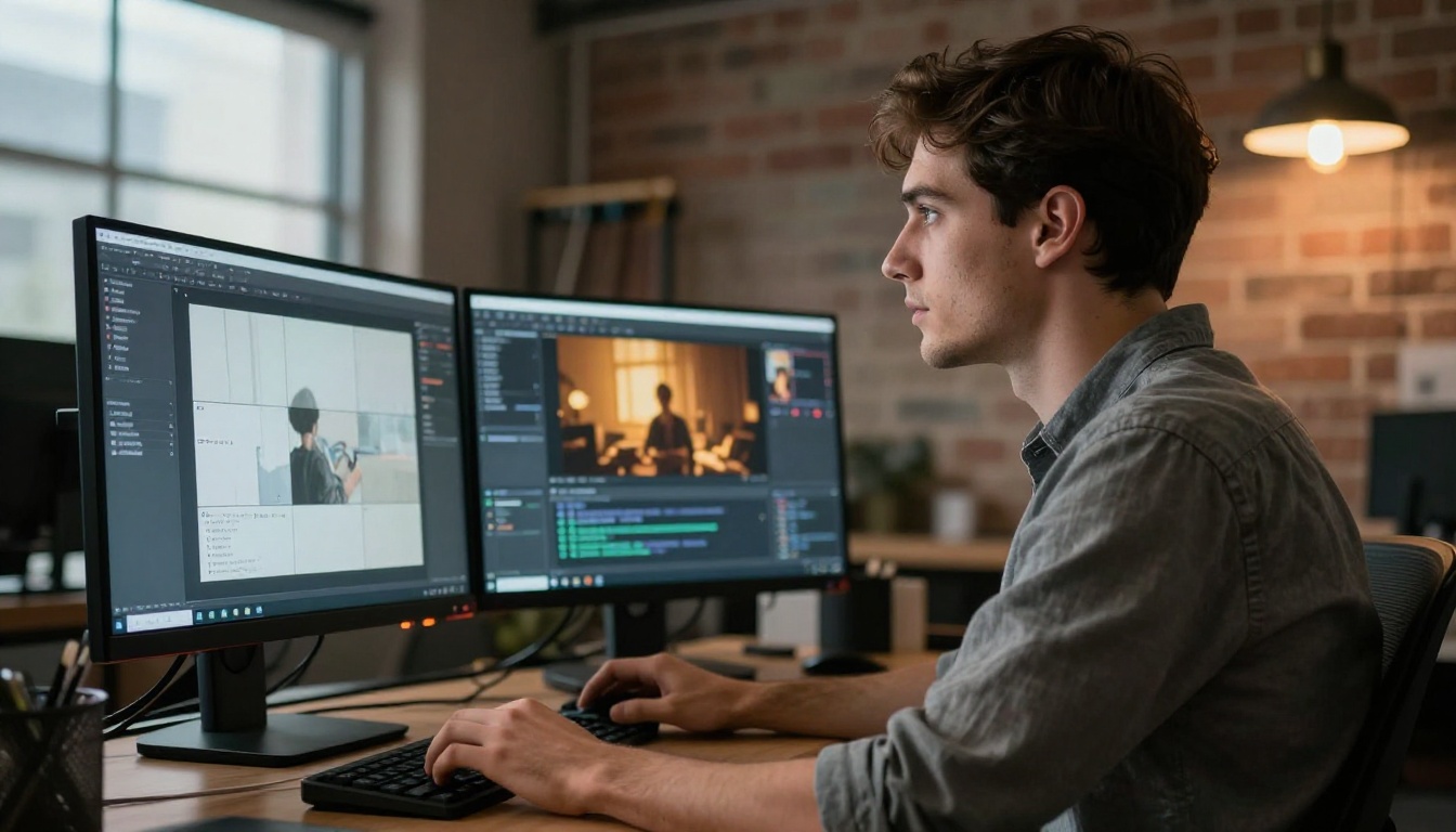 Young professional at a dual-monitor workstation analyzing AI video generation software with warm side lighting