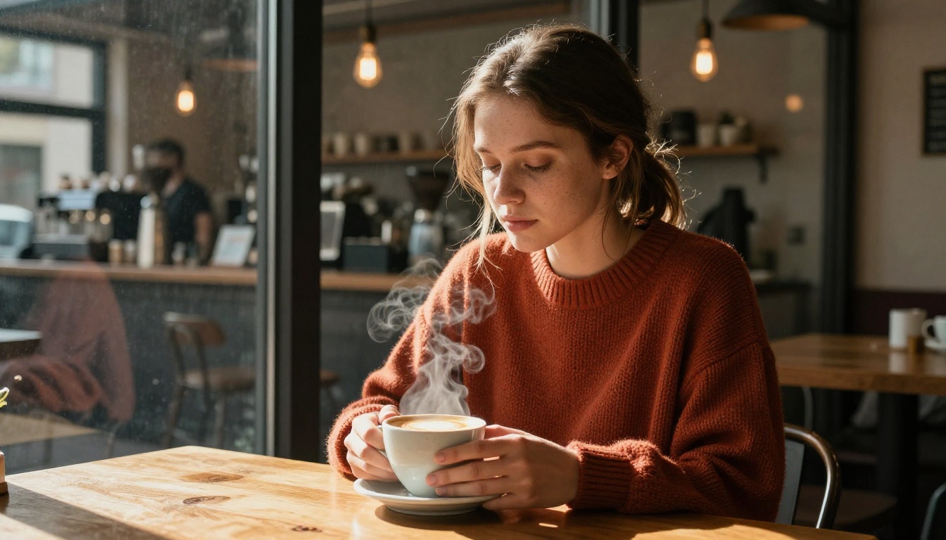 Woman in a cozy artisan coffee shop holding a warm latte, golden morning light streaming through the window