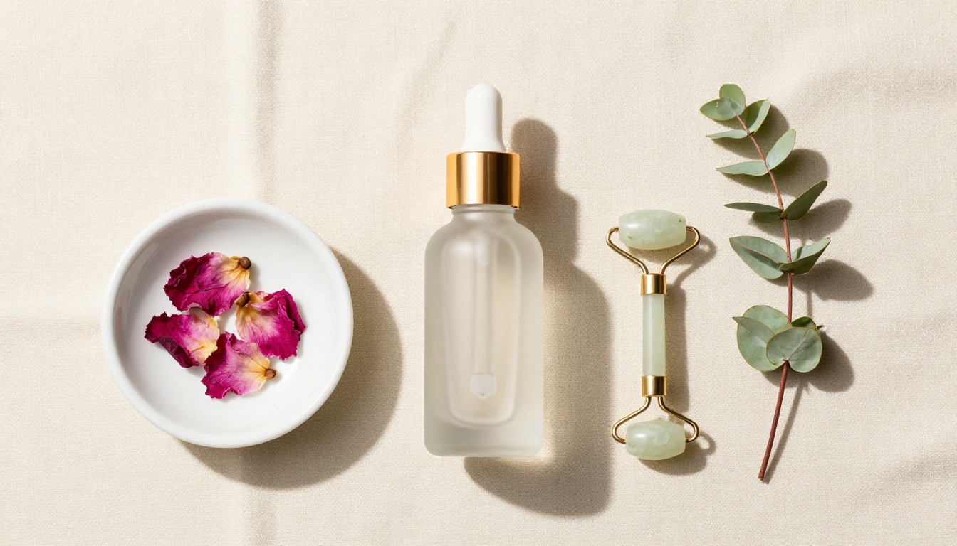 Elegant skincare flat-lay on cream linen: frosted serum bottle, jade roller, rose petals, and eucalyptus
