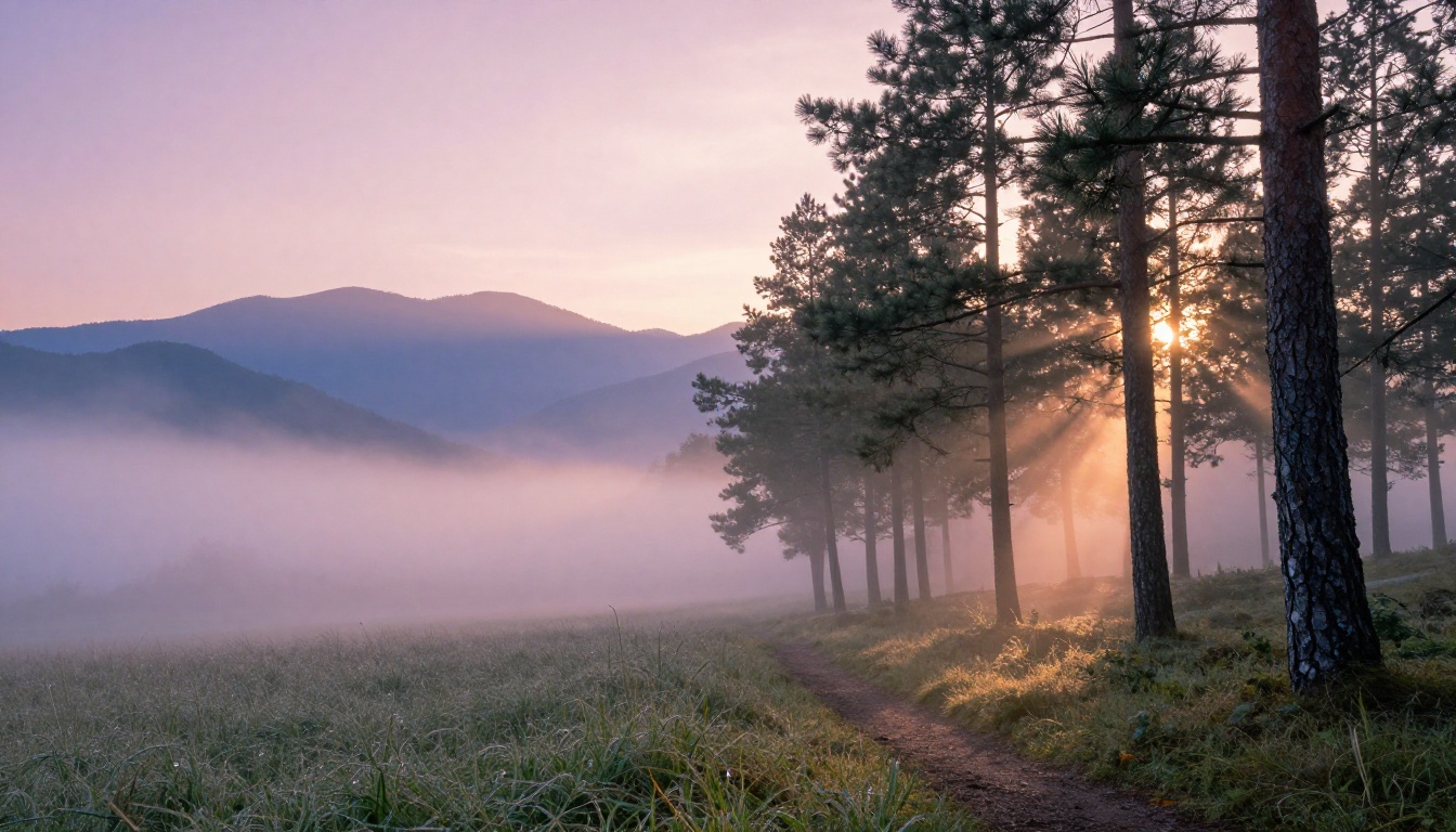 Misty alpine valley at dawn with pine trees emerging from ground fog and a soft pink apricot sky