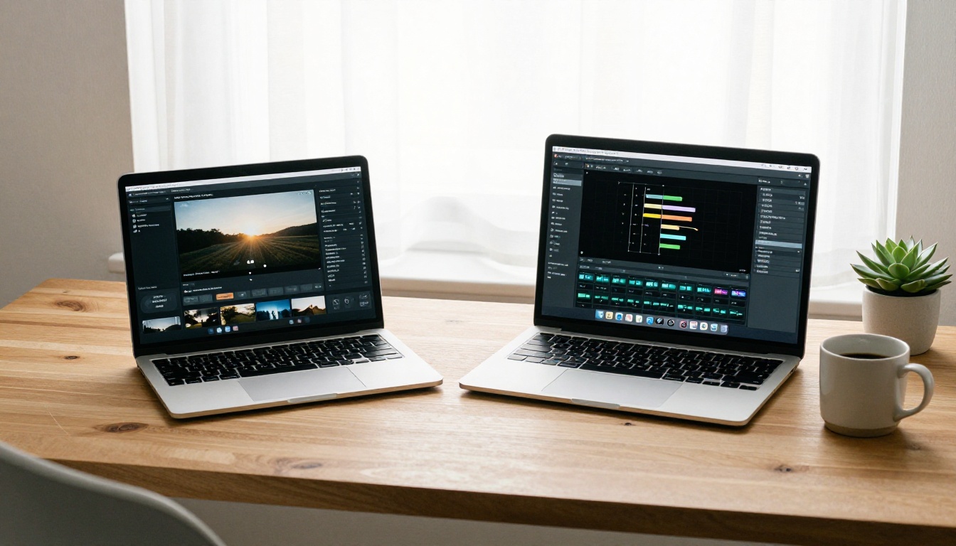 Two laptops side by side on oak desk comparing AI video generation interfaces in dark mode morning light Two laptops side by side on oak desk comparing AI video generation interfaces in dark mode morning light