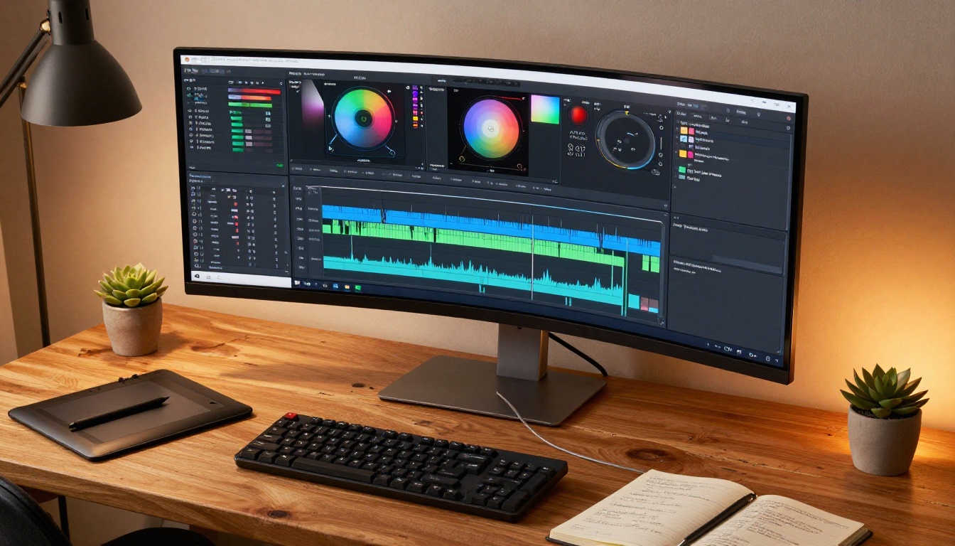 Creative professional's ultrawide monitor workspace with video editing software showing color grading and timeline tracks