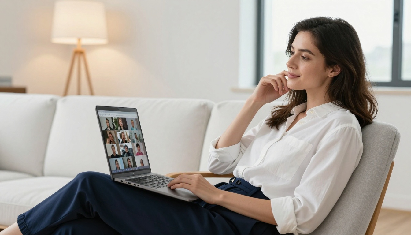 Woman reviewing AI-generated video content on a laptop in a bright Scandinavian-style living space