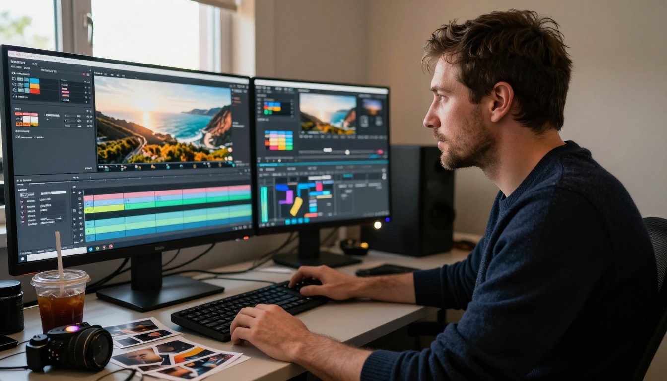 Professional video editor in dim edit suite reviewing fast-generated AI footage on large curved ultrawide monitor with color grading controls Professional video editor in dim edit suite reviewing fast-generated AI footage on large curved ultrawide monitor with color grading controls