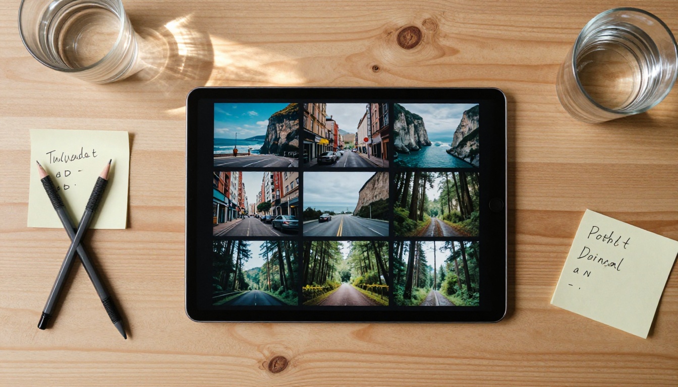 Overhead flat lay of tablet displaying grid of nine AI-generated video thumbnails on birch wood desk with sticky notes and mechanical pencil Overhead flat lay of tablet displaying grid of nine AI-generated video thumbnails on birch wood desk with sticky notes and mechanical pencil