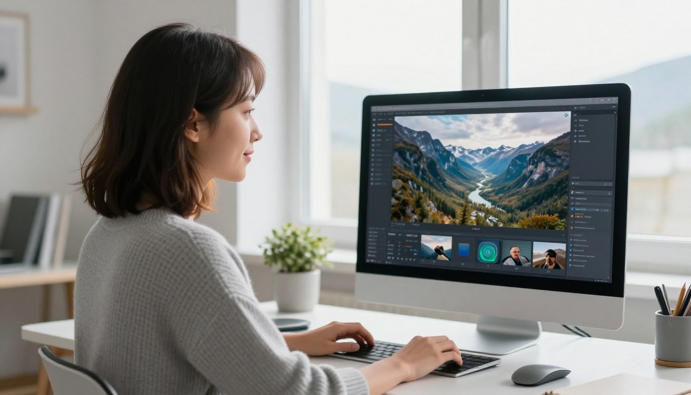 Young woman in Scandinavian home office reviewing AI video on large iMac monitor with soft Nordic daylight Young woman in Scandinavian home office reviewing AI video on large iMac monitor with soft Nordic daylight