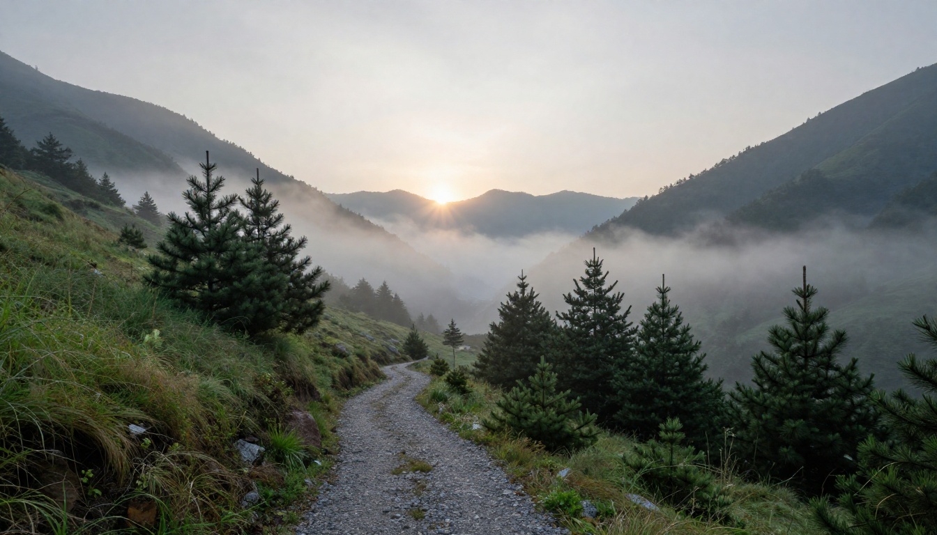 Misty mountain valley at dawn showing photorealistic atmospheric rendering Misty mountain valley at dawn showing photorealistic atmospheric rendering