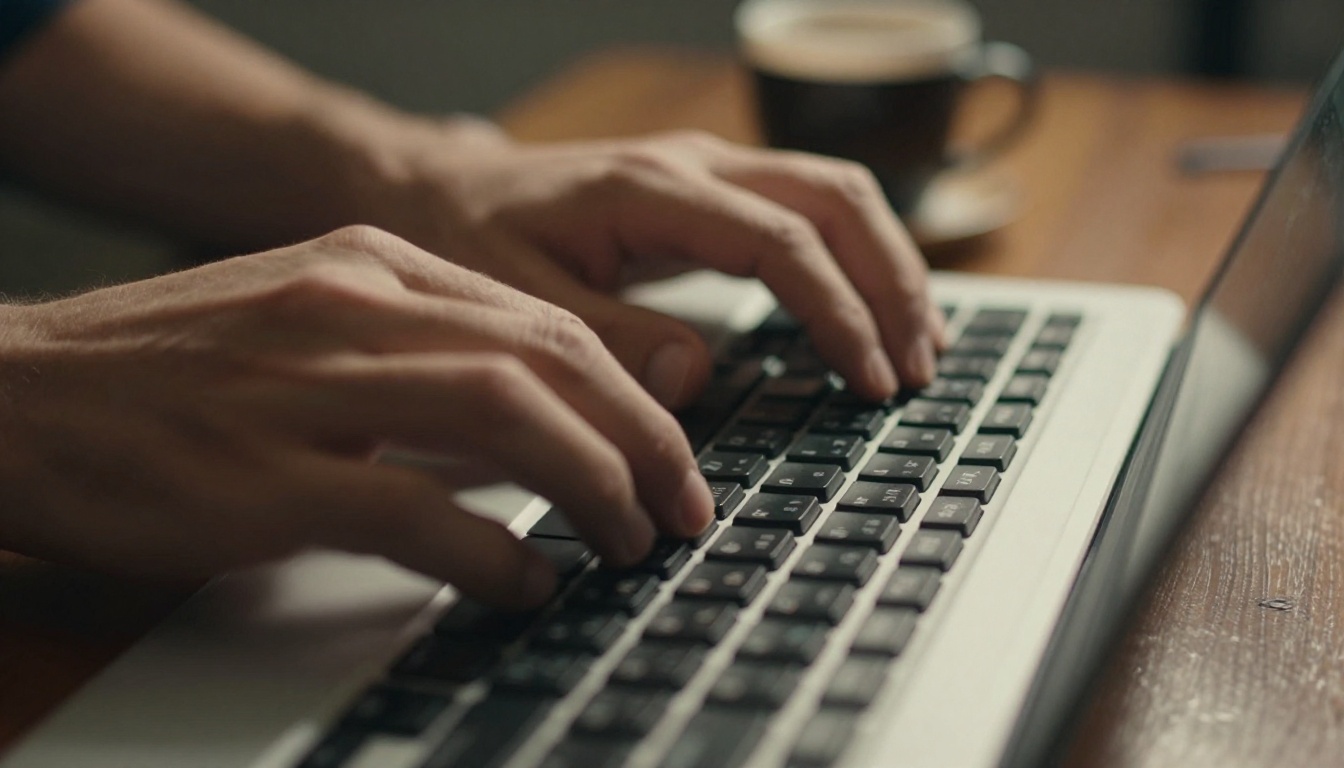 Close-up of hands typing rapidly on mechanical keyboard with motion blur fingers dark walnut desk warm directional lamp light Close-up of hands typing rapidly on mechanical keyboard with motion blur fingers dark walnut desk warm directional lamp light