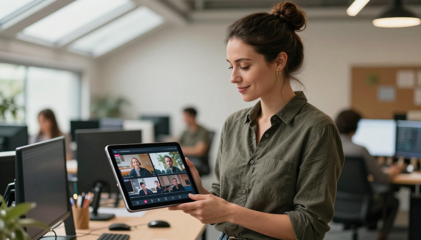 Marketing professional at standing desk holding tablet showing completed AI video with open-plan studio in background Marketing professional at standing desk holding tablet showing completed AI video with open-plan studio in background