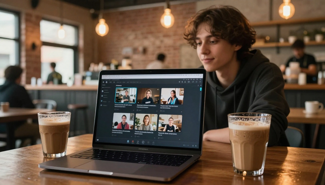 Freelance creator in cozy coffee shop reviewing AI-generated video results on MacBook with Edison bulb ambient light and oat latte on wooden table Freelance creator in cozy coffee shop reviewing AI-generated video results on MacBook with Edison bulb ambient light and oat latte on wooden table