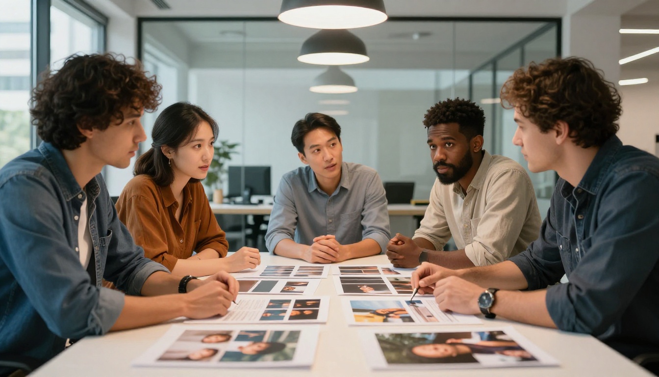 Creative team reviewing AI-generated images on a conference table Creative team reviewing AI-generated images on a conference table