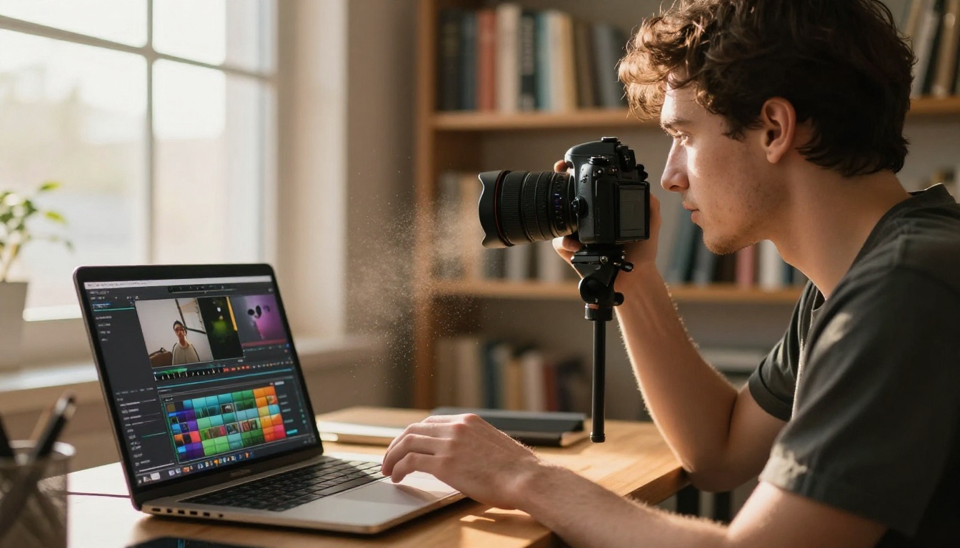 Content creator filming product videos at desk workstation with camera and laptop setup Content creator filming product videos at desk workstation with camera and laptop setup