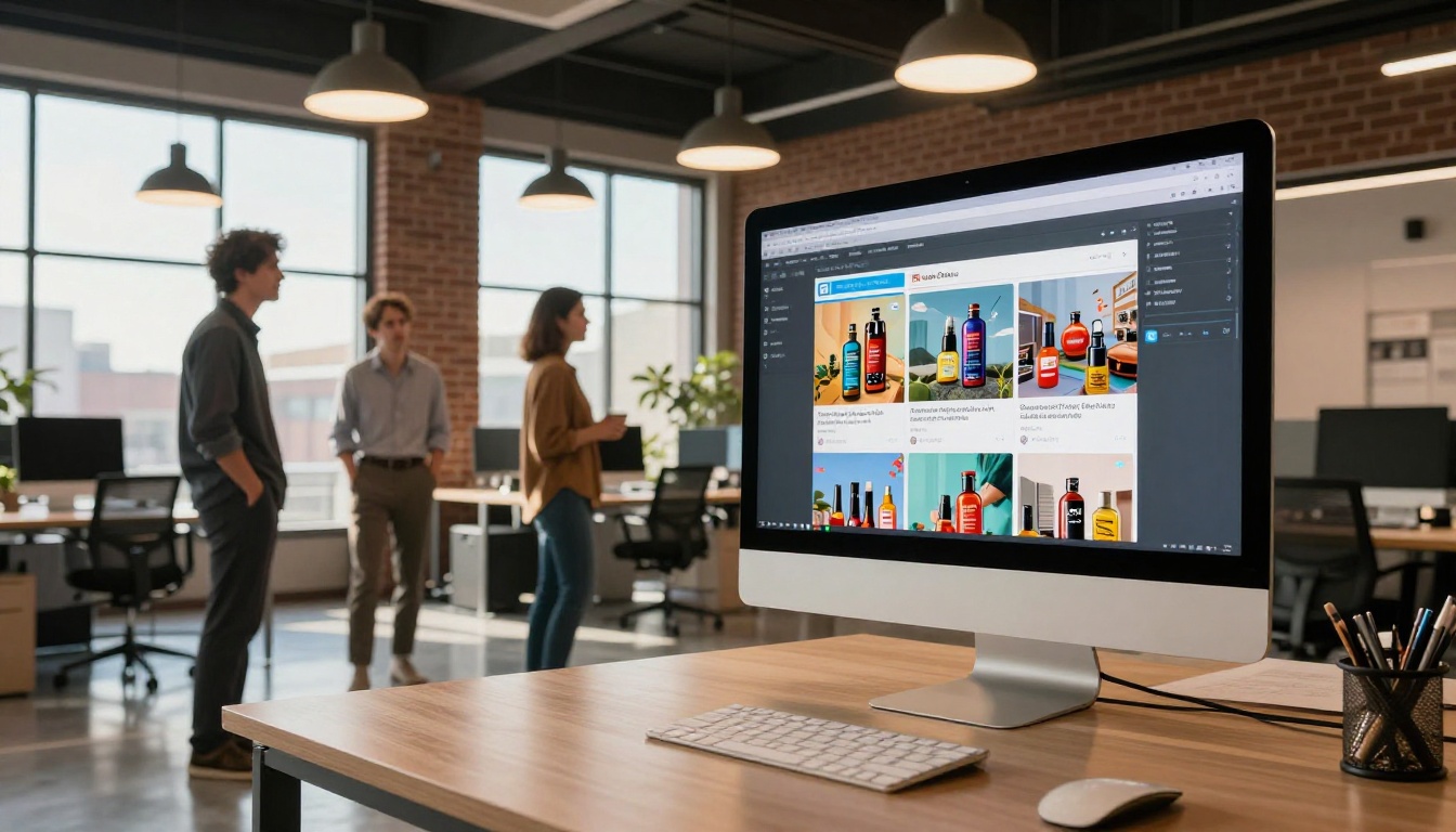 Marketing team reviewing product video ad previews together on large monitor in modern agency office Marketing team reviewing product video ad previews together on large monitor in modern agency office