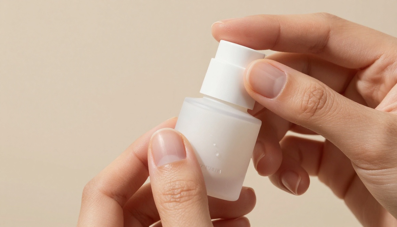 Close-up of hands holding premium skincare serum bottle with soft side lighting and beige studio backdrop Close-up of hands holding premium skincare serum bottle with soft side lighting and beige studio backdrop