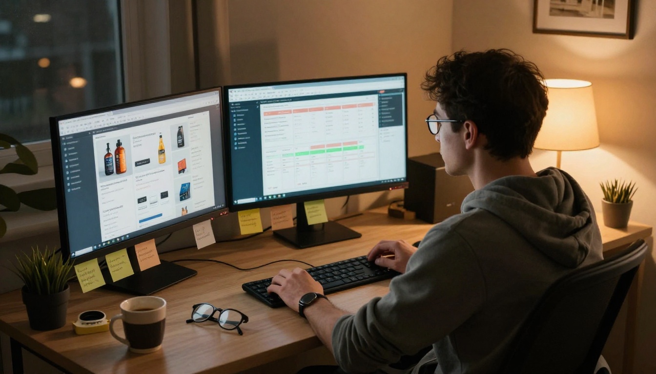 E-commerce business owner reviewing product ads on multi-monitor home office setup at night E-commerce business owner reviewing product ads on multi-monitor home office setup at night