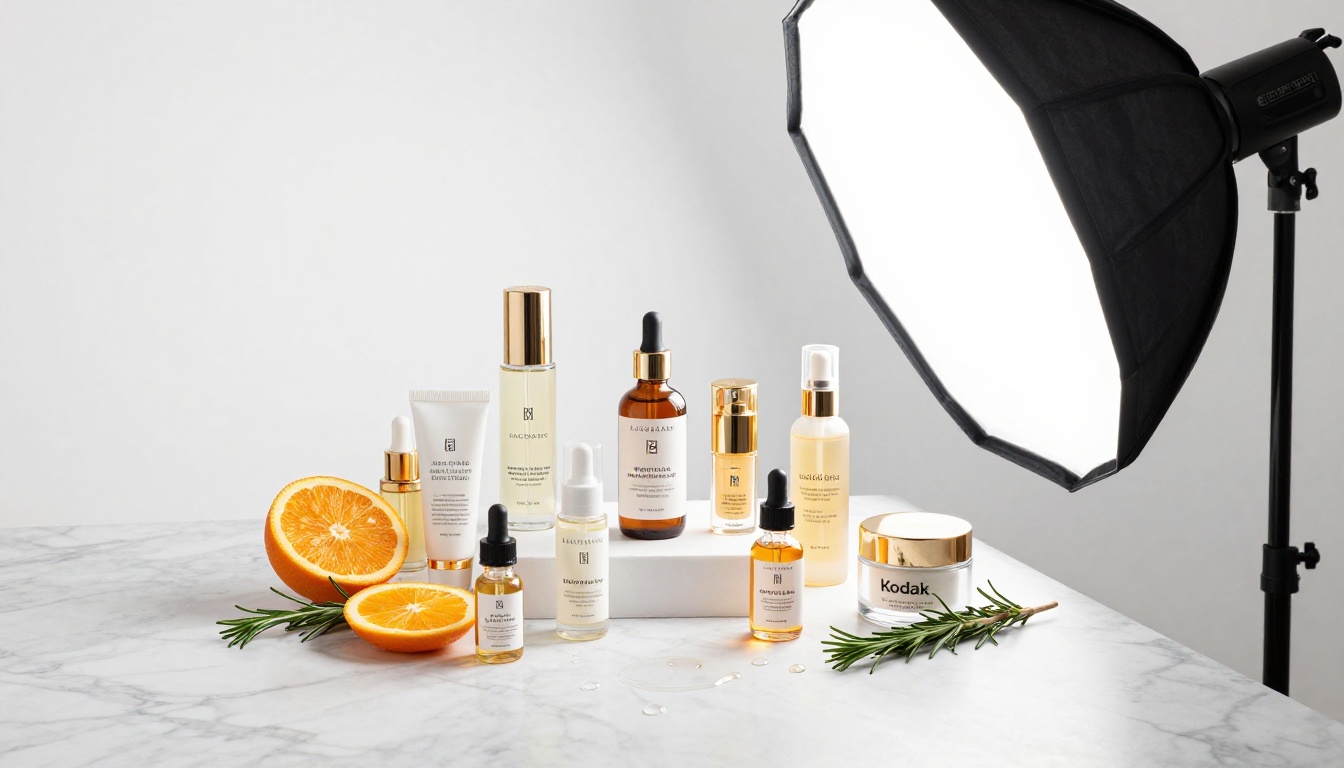 Professional product photography flat lay studio with skincare products, botanical ingredients, and professional softbox lighting overhead Professional product photography flat lay studio with skincare products, botanical ingredients, and professional softbox lighting overhead