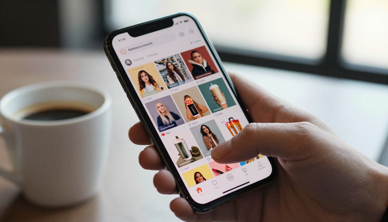 Hand holding smartphone displaying social media feed with product video ad thumbnails, cafe natural morning light Hand holding smartphone displaying social media feed with product video ad thumbnails, cafe natural morning light