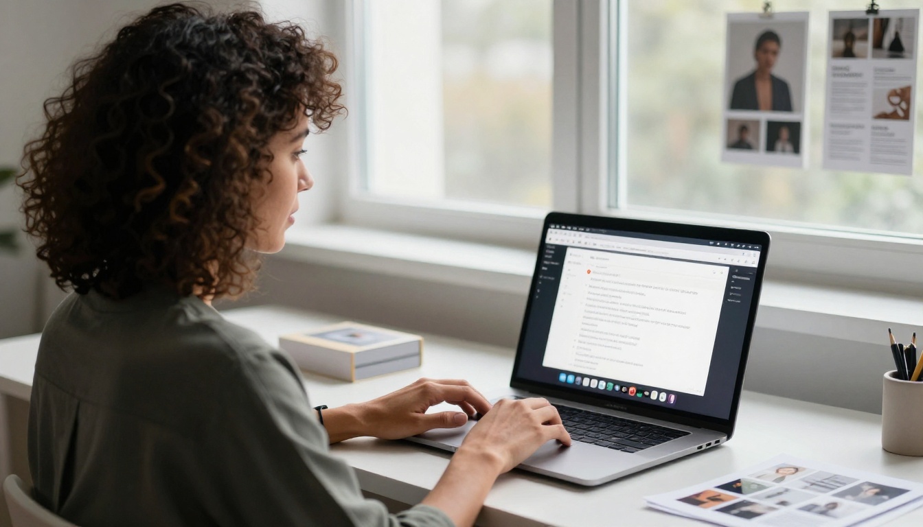 Female creative director with curly hair typing AI video prompts on MacBook Pro at minimalist standing desk with product samples Female creative director with curly hair typing AI video prompts on MacBook Pro at minimalist standing desk with product samples