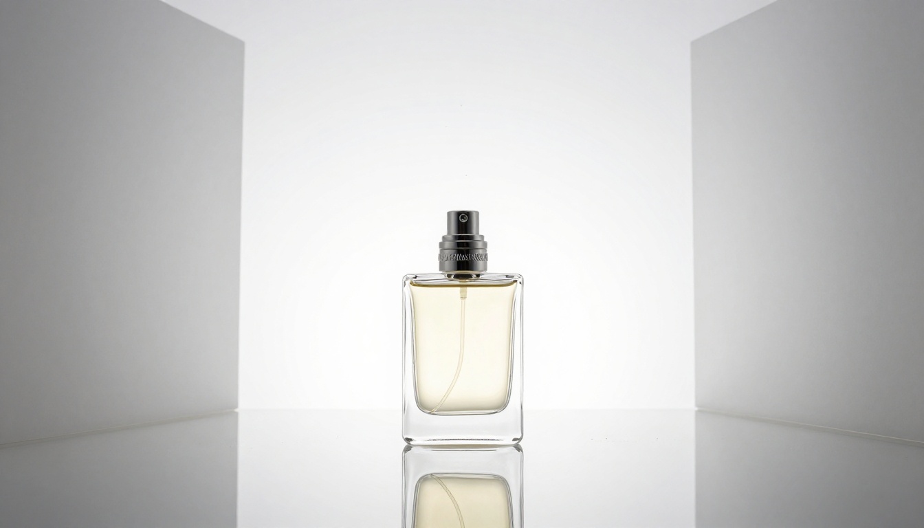 Minimalist premium fragrance bottle product showcase with mirror reflection on white plexiglass surface and strip softbox lighting Minimalist premium fragrance bottle product showcase with mirror reflection on white plexiglass surface and strip softbox lighting