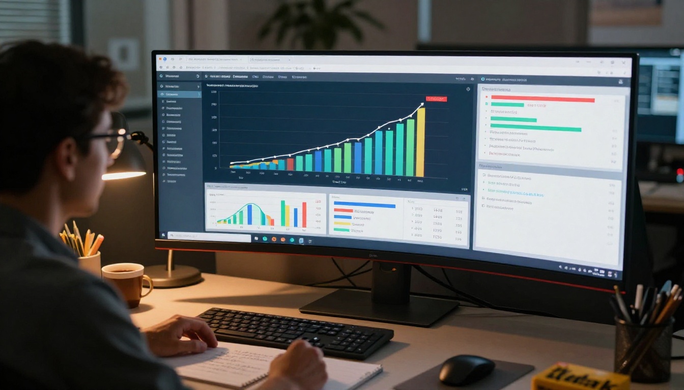 Marketing analytics dashboard on large ultrawide monitor showing rising video production metrics, analyst in foreground, warm desk lamp Marketing analytics dashboard on large ultrawide monitor showing rising video production metrics, analyst in foreground, warm desk lamp