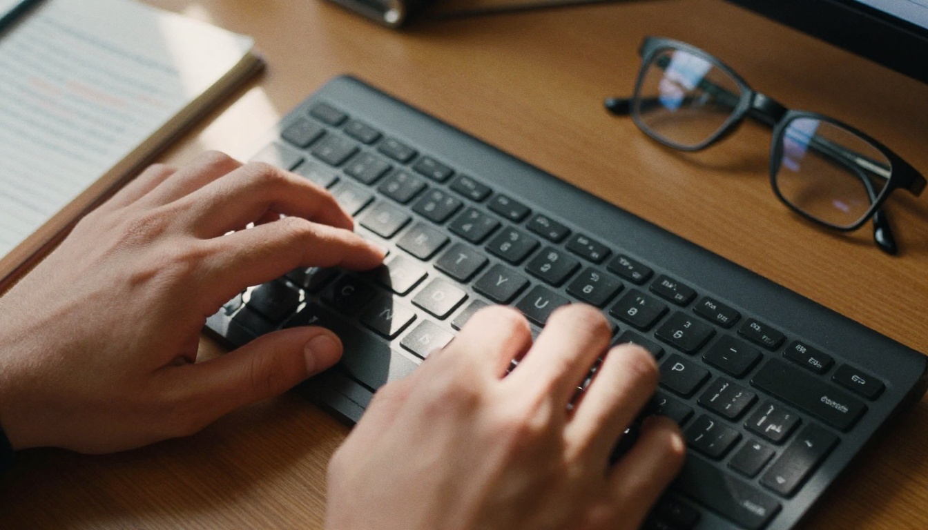 Hands typing detailed AI video prompt on a keyboard with handwritten notes nearby