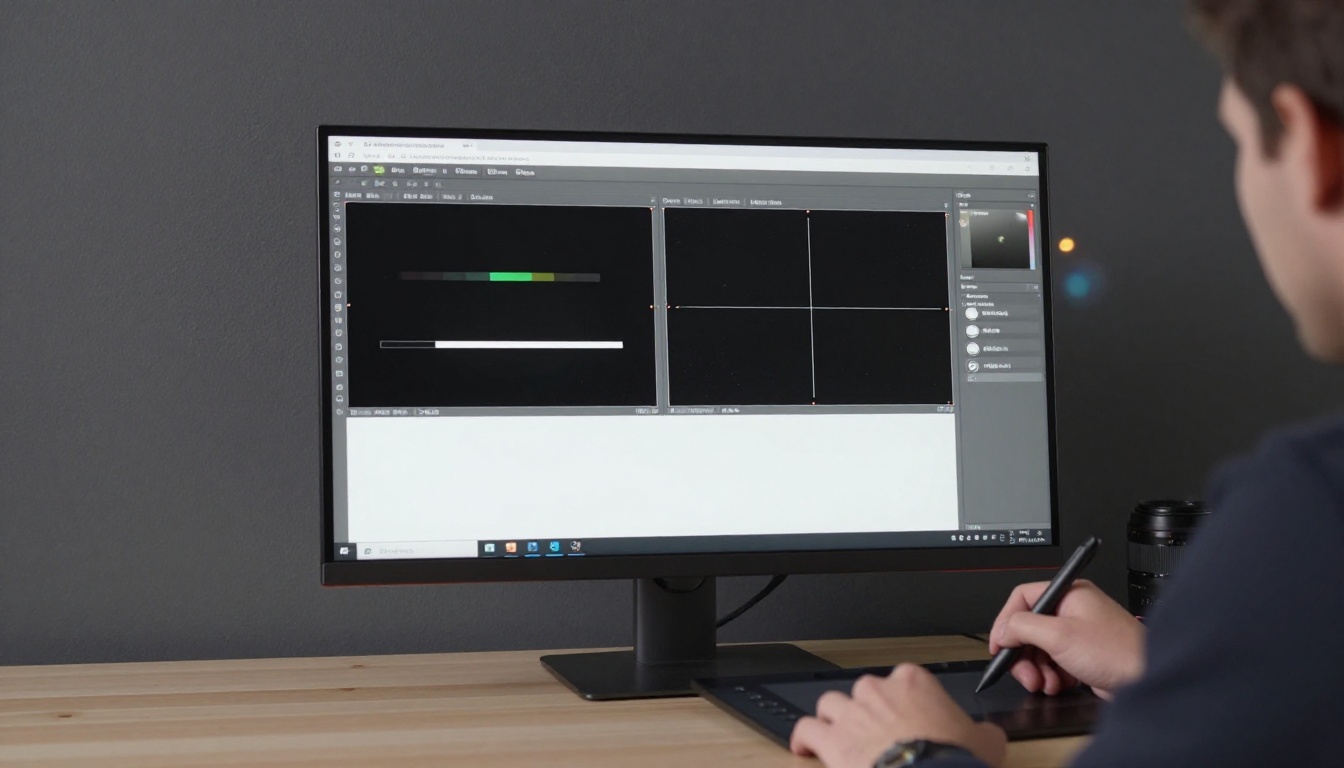Monitor showing side-by-side video resolution comparison with stylus in foreground