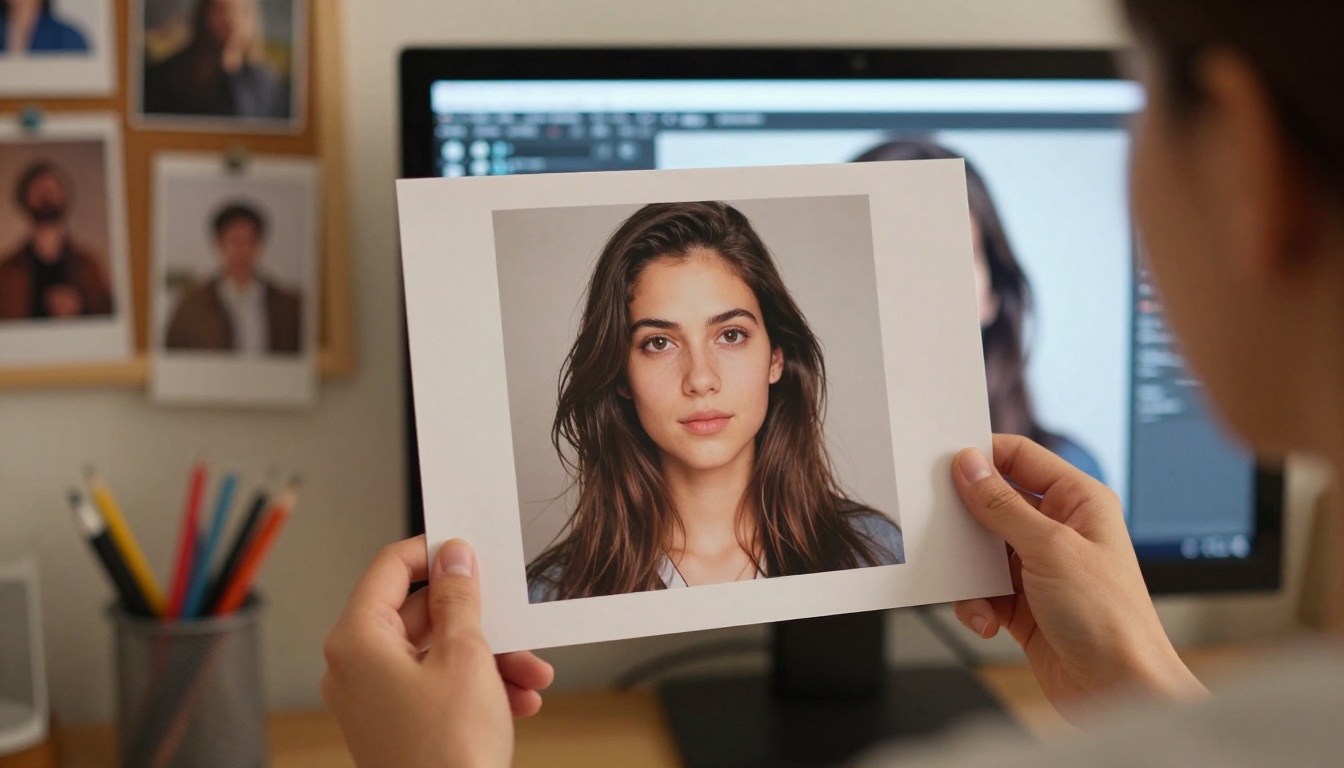 Woman comparing a printed photograph to its AI-animated version playing on a monitor