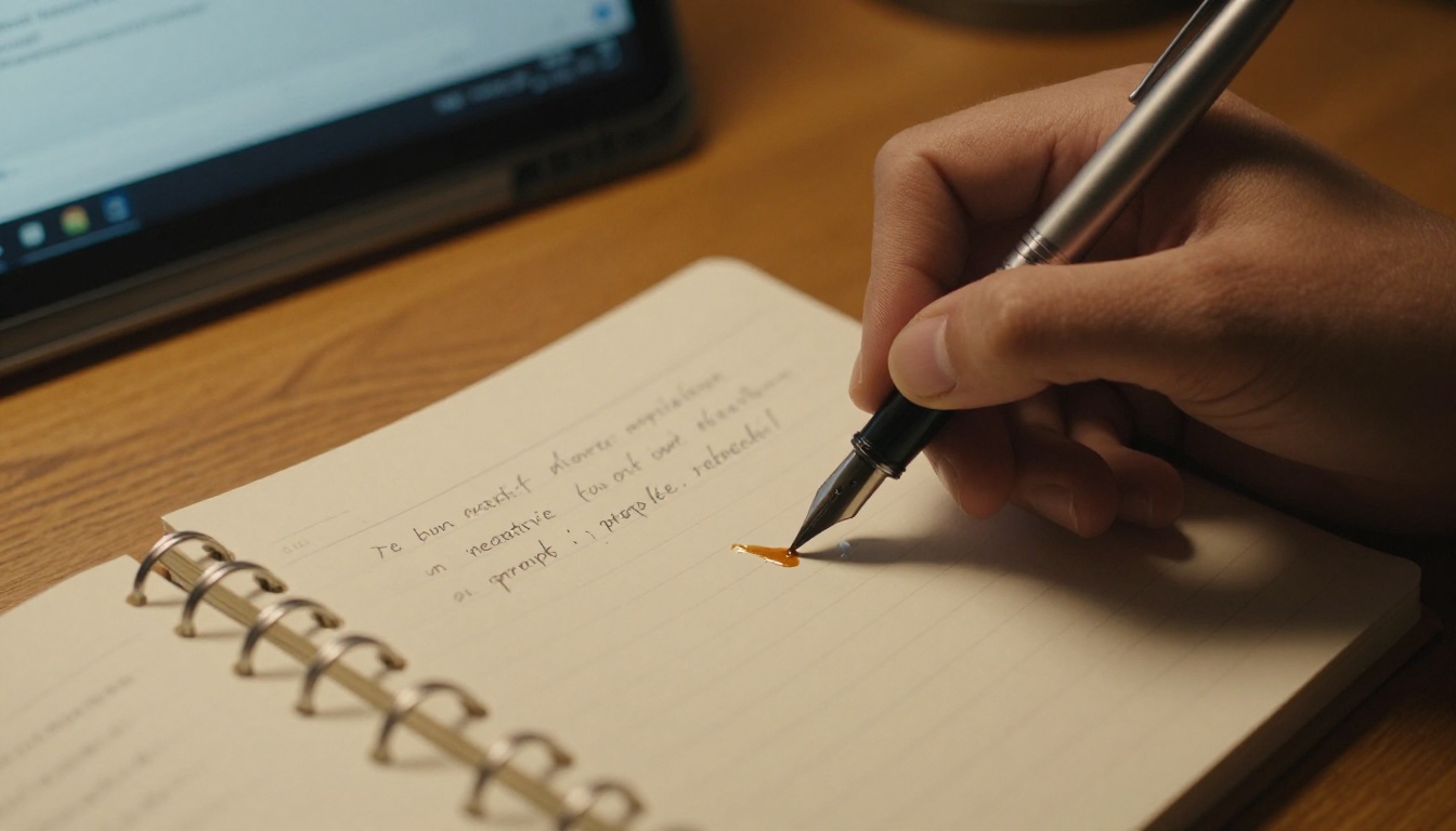 Close-up of a hand writing negative prompt keywords with a fountain pen in a notebook